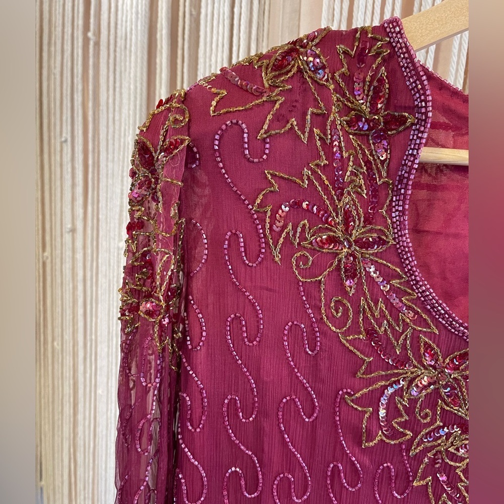 Vintage beaded, burgundy, long-sleeve cocktail sheer overlay dress - Picture 4 of 10